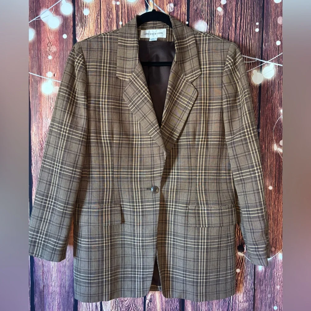 Vintage Jones New York Brown Plaid Linen Blend Blazer - Picture 3 of 6